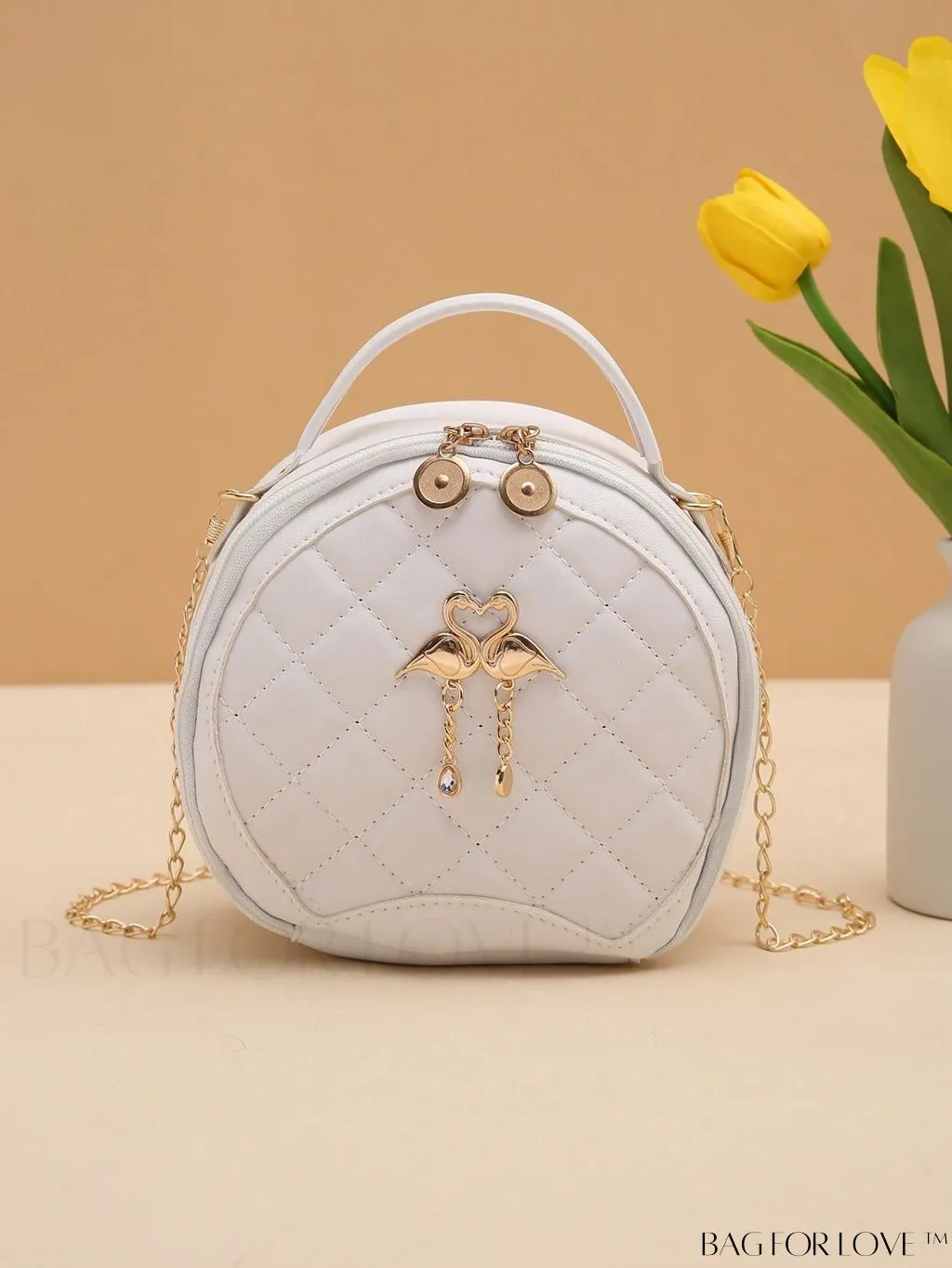 BagForLove - Quilted Mini Circle Bag with Metal Decor - Stylish Top Handle for Daily Use