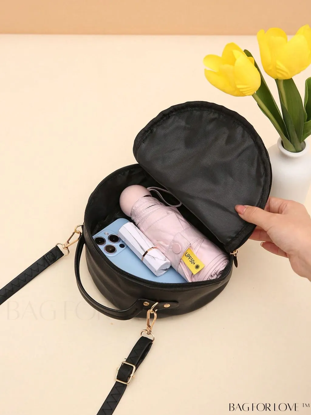 BagForLove - Quilted Mini Circle Bag with Metal Decor - Stylish Top Handle for Daily Use