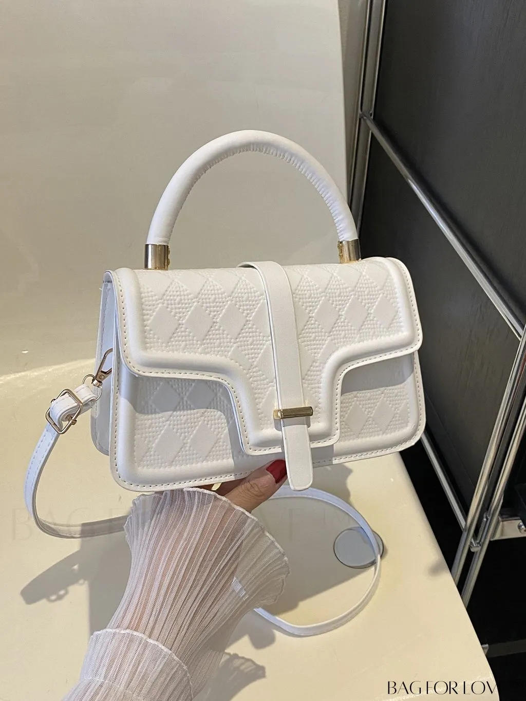 BagForLove - Rhombus Pattern Square Bag: Elegant Solid Color with Flap Top Handle. Fashionably Stylish.