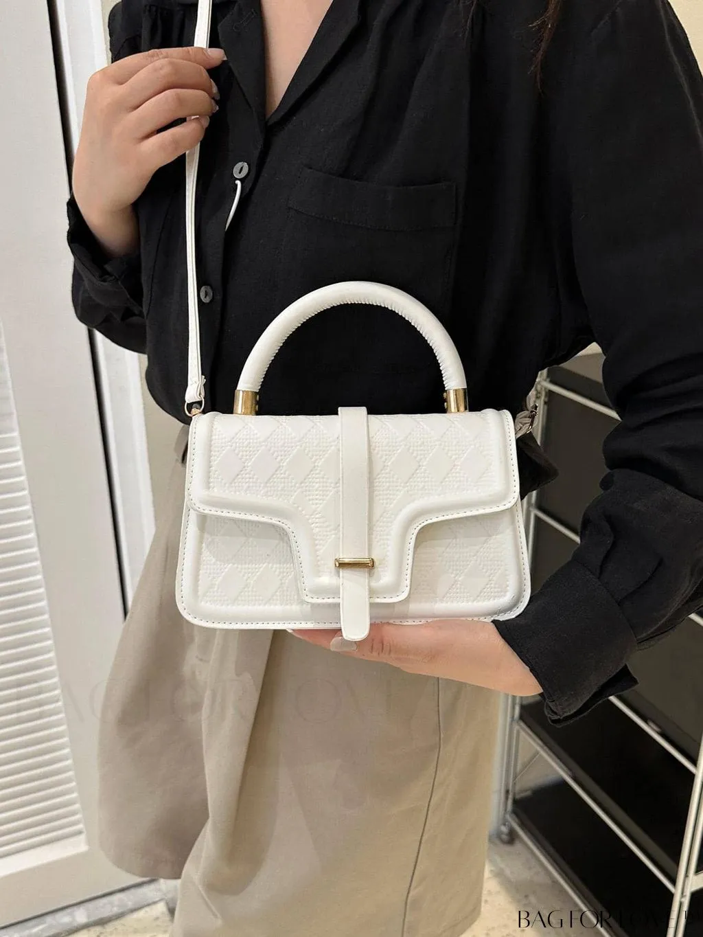BagForLove - Rhombus Pattern Square Bag: Elegant Solid Color with Flap Top Handle. Fashionably Stylish.