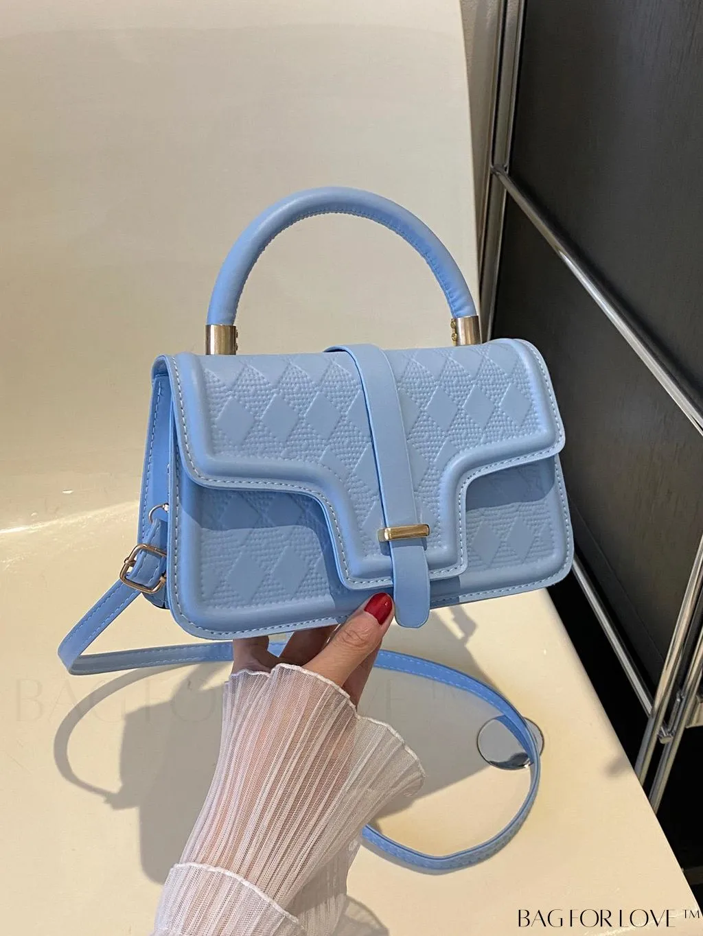 BagForLove - Rhombus Pattern Square Bag: Elegant Solid Color with Flap Top Handle. Fashionably Stylish.