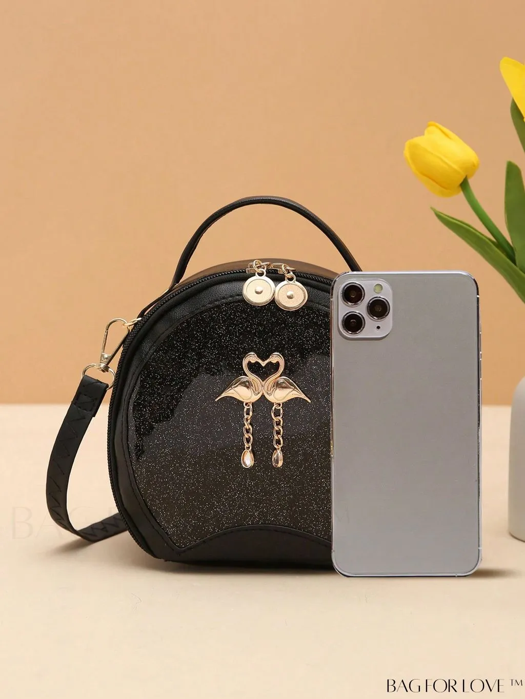 BagForLove - Stylish Black Mini Circular Bag with Sequins and Metal Accents