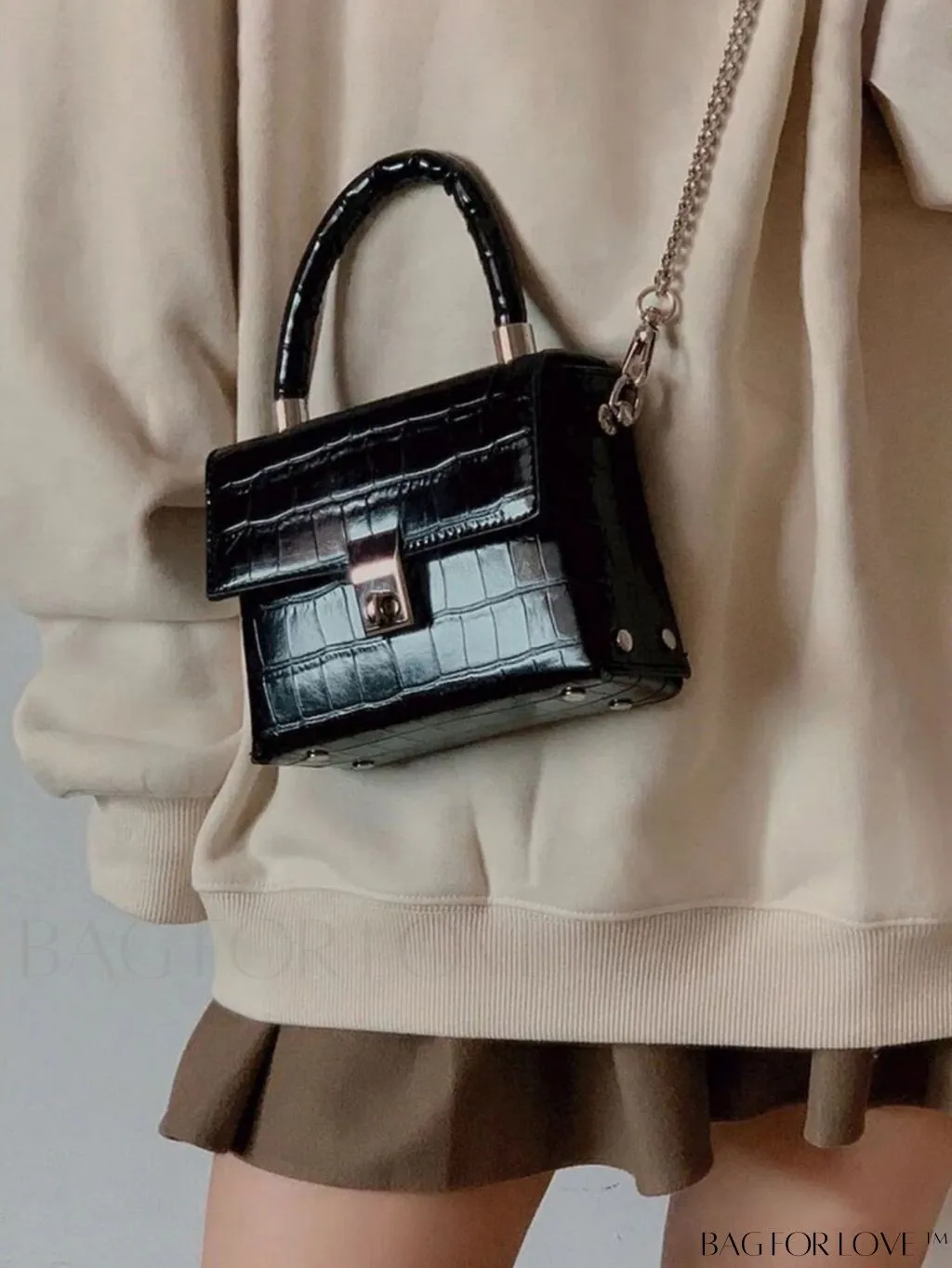 BagForLove - Stylish Mini Crocodile Grain Flap Bag: Metallic Chain Strap, Top Handle