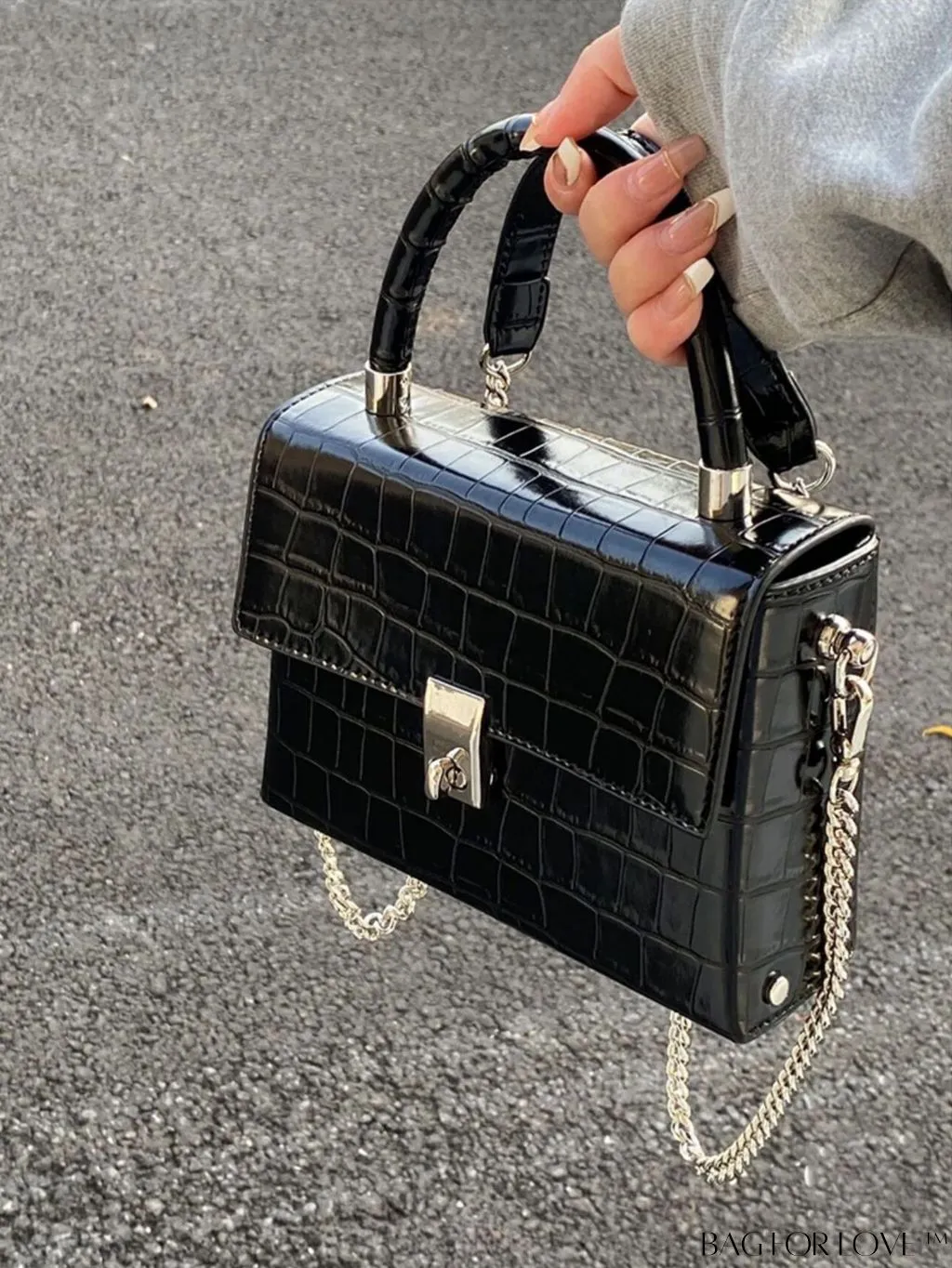BagForLove - Stylish Mini Crocodile Grain Flap Bag: Metallic Chain Strap, Top Handle
