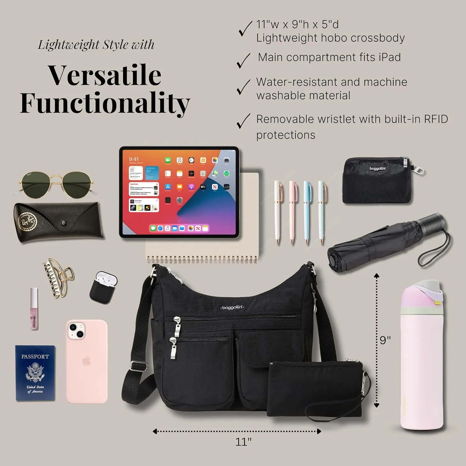 Baggallini Everywhere Bagg Crossbody Women 11x9 Lightweight Nylon Hobo Water-Resistant Travel Bag W/RFID