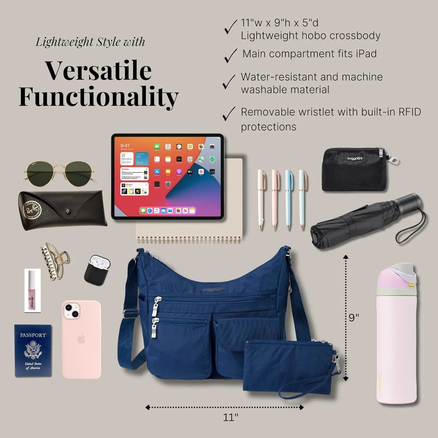 Baggallini Everywhere Bagg Crossbody Women 11x9 Lightweight Nylon Hobo Water-Resistant Travel Bag W/RFID