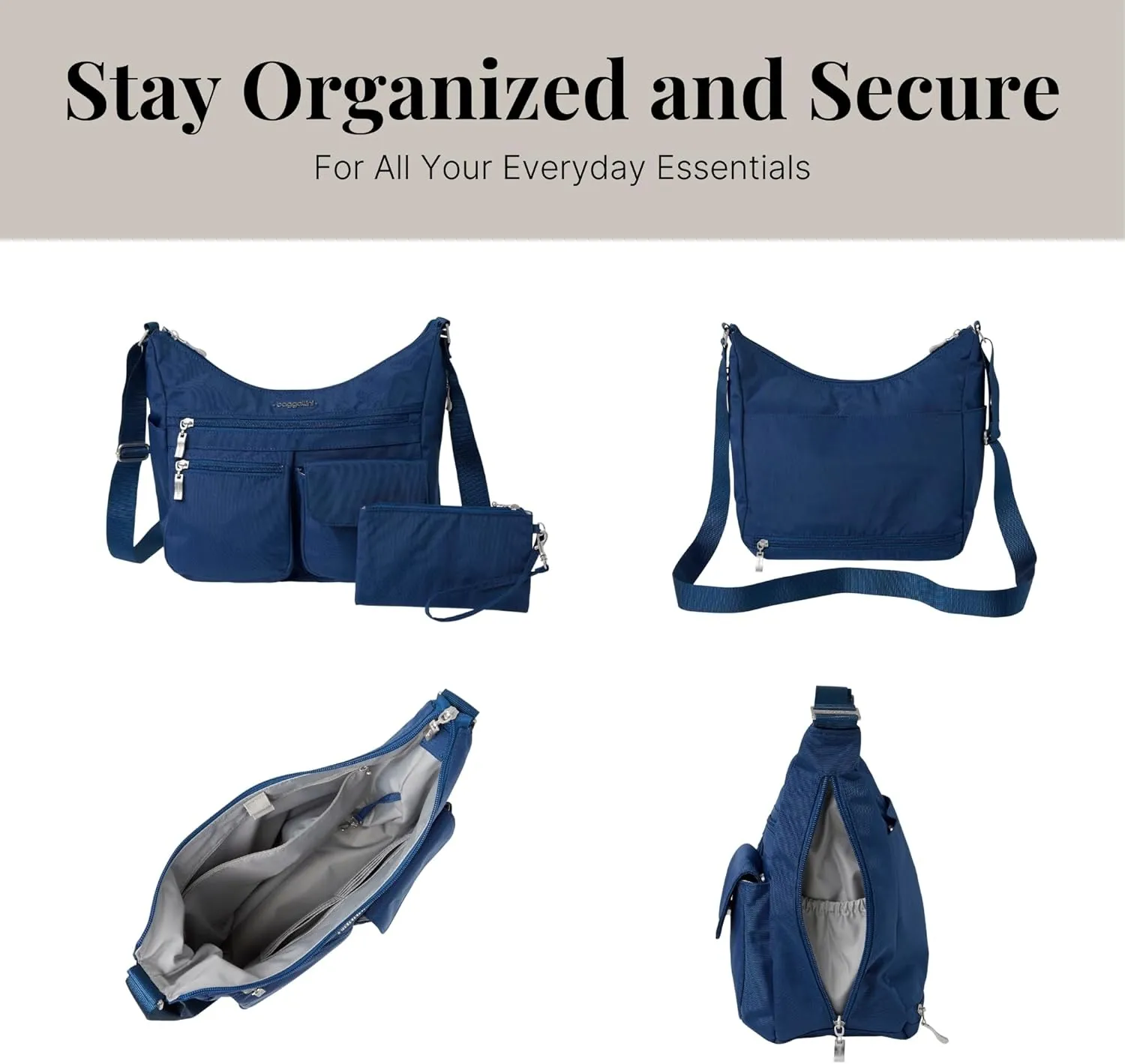Baggallini Everywhere Bagg Crossbody Women 11x9 Lightweight Nylon Hobo Water-Resistant Travel Bag W/RFID
