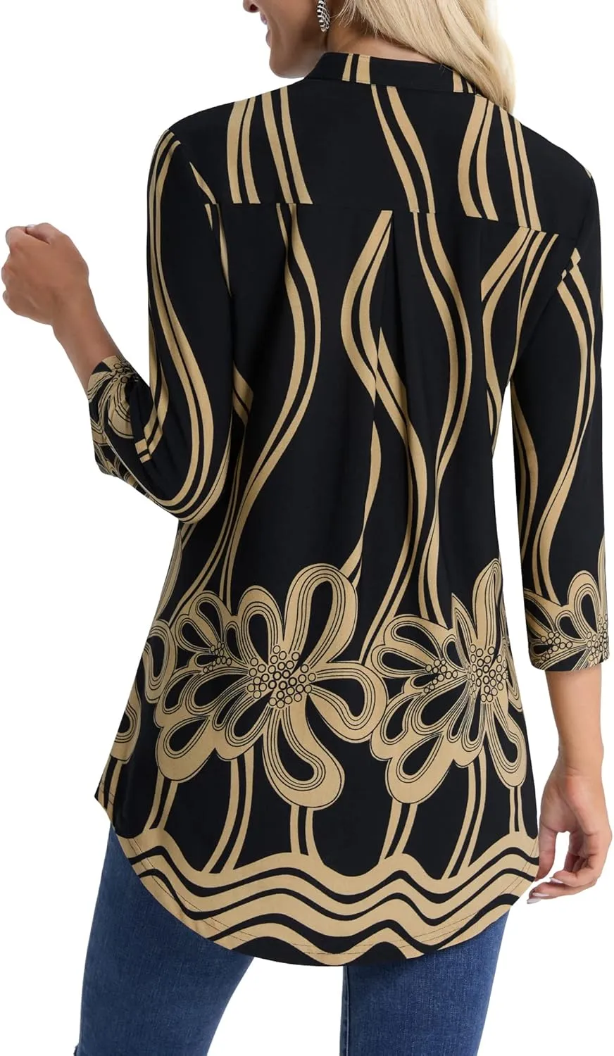 BAISHENGGT Womens 3/4 Sleeve Floral Printed Notch V Neck Blouses Tunics Tops