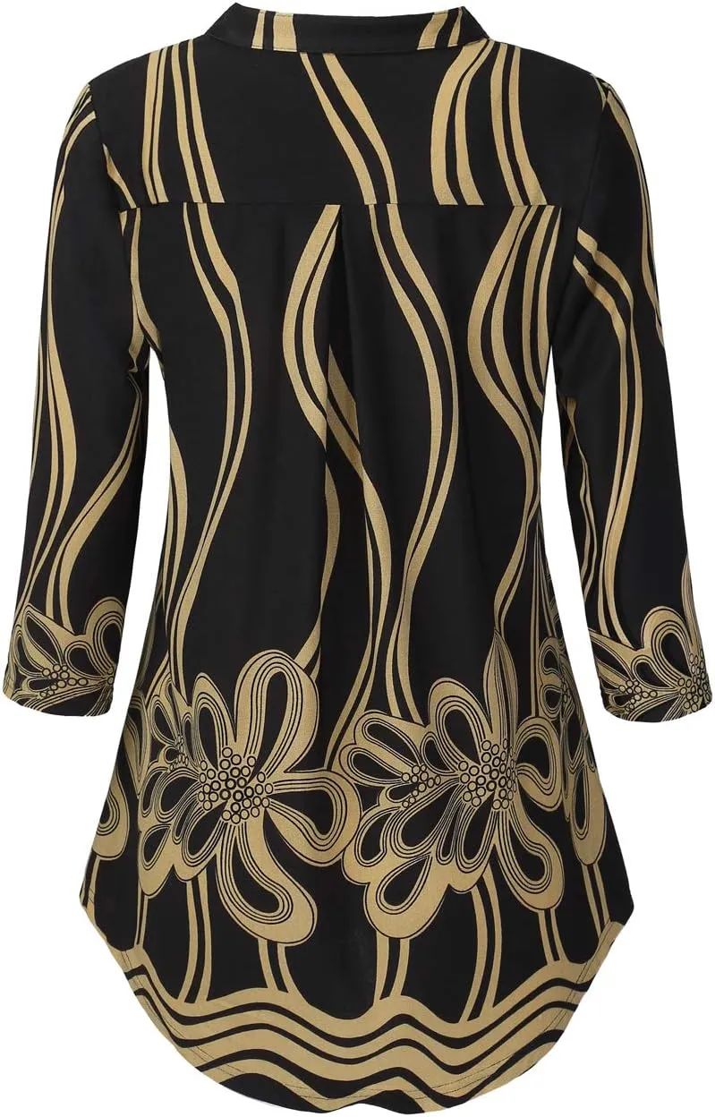BAISHENGGT Womens 3/4 Sleeve Floral Printed Notch V Neck Blouses Tunics Tops