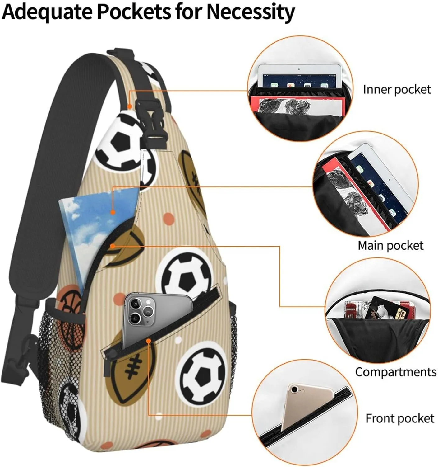 Balls Crossbody Sling Backpack Sling Bag Adjustable Chest Shoulder Daypack For Women Men