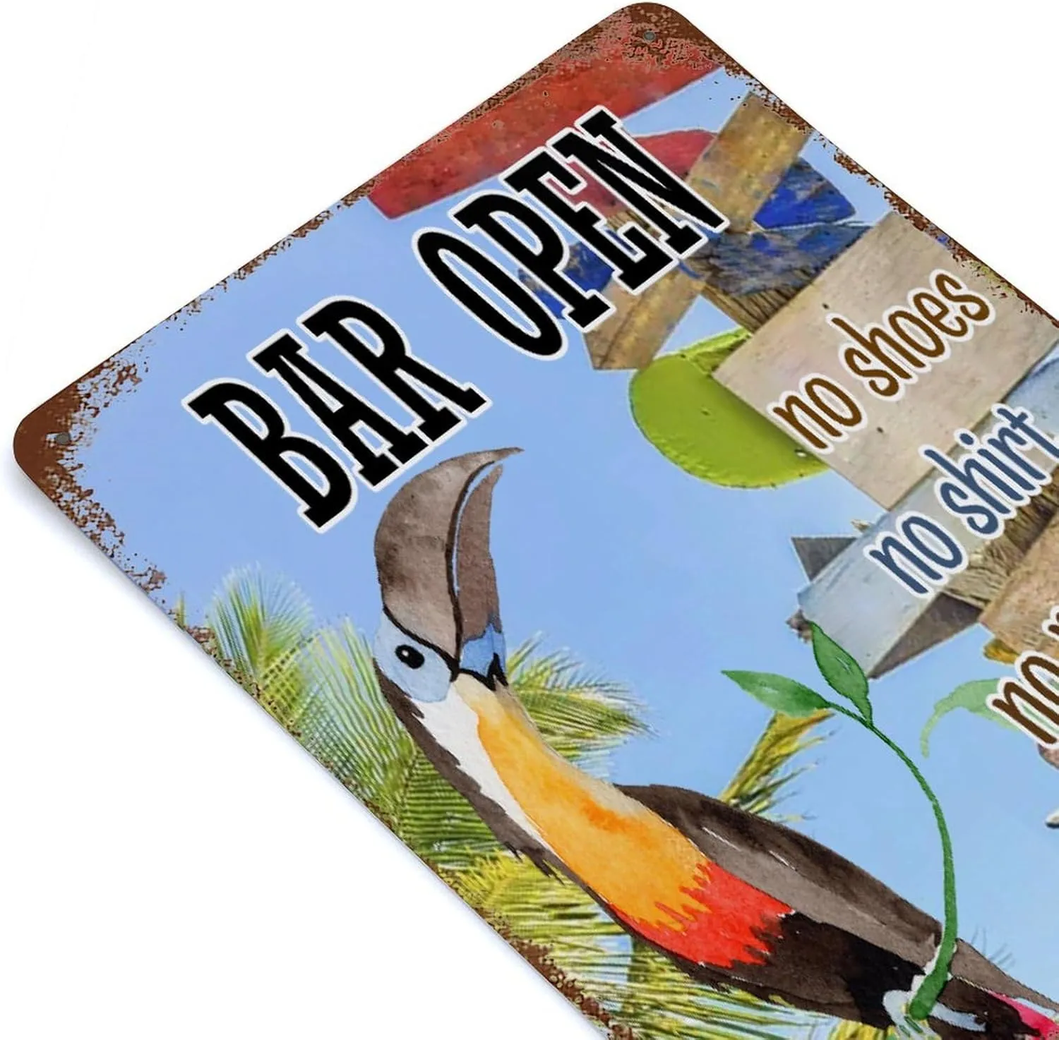 Bar Open No Shoes No Shirt No Problem Metal Signs Outdoor Happy Hours Pool Beach Rustic Wall Decor for Yard Outdoor Beer Bar Club Glass Parrot Metal Plaque for Lounge 8"x12"