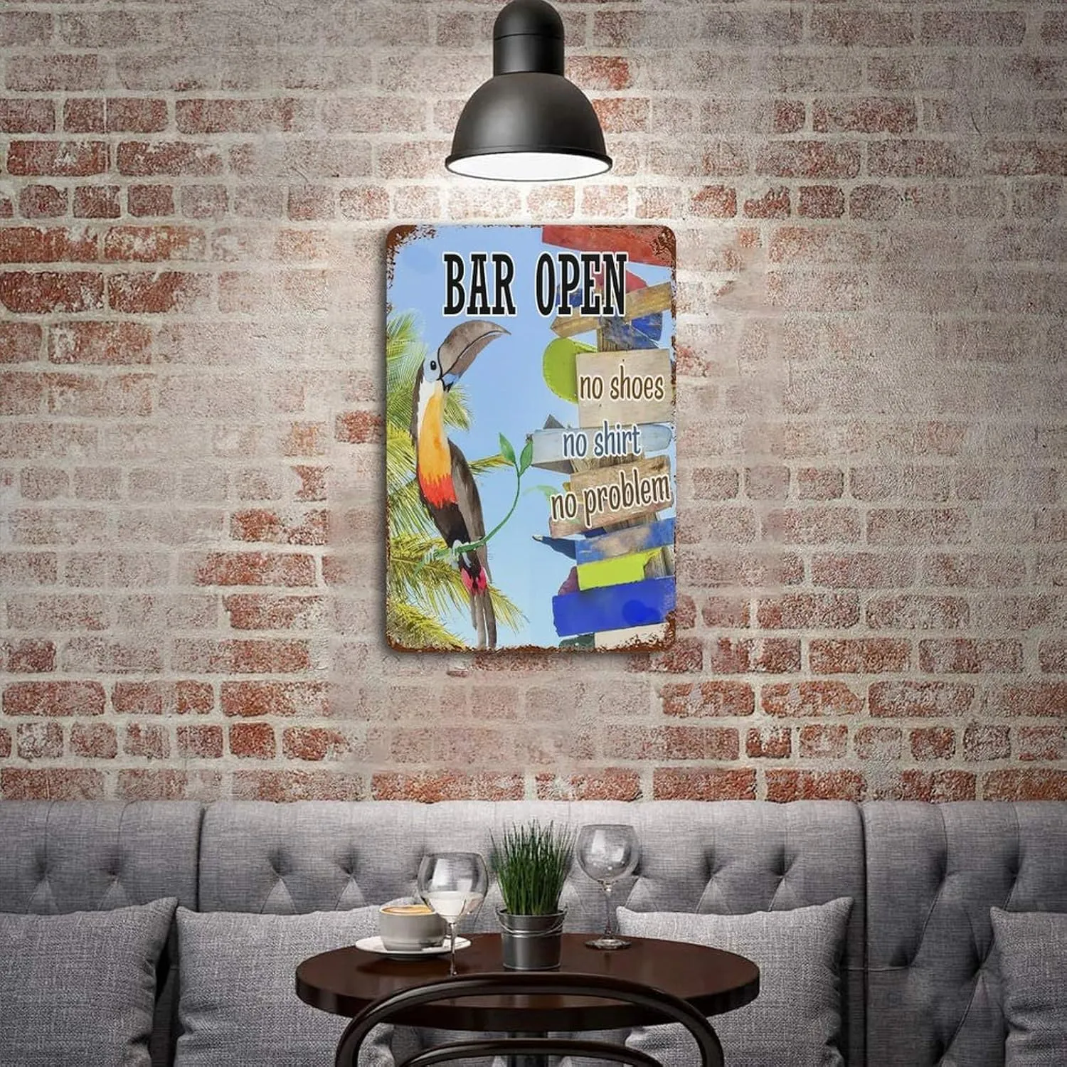 Bar Open No Shoes No Shirt No Problem Metal Signs Outdoor Happy Hours Pool Beach Rustic Wall Decor for Yard Outdoor Beer Bar Club Glass Parrot Metal Plaque for Lounge 8"x12"