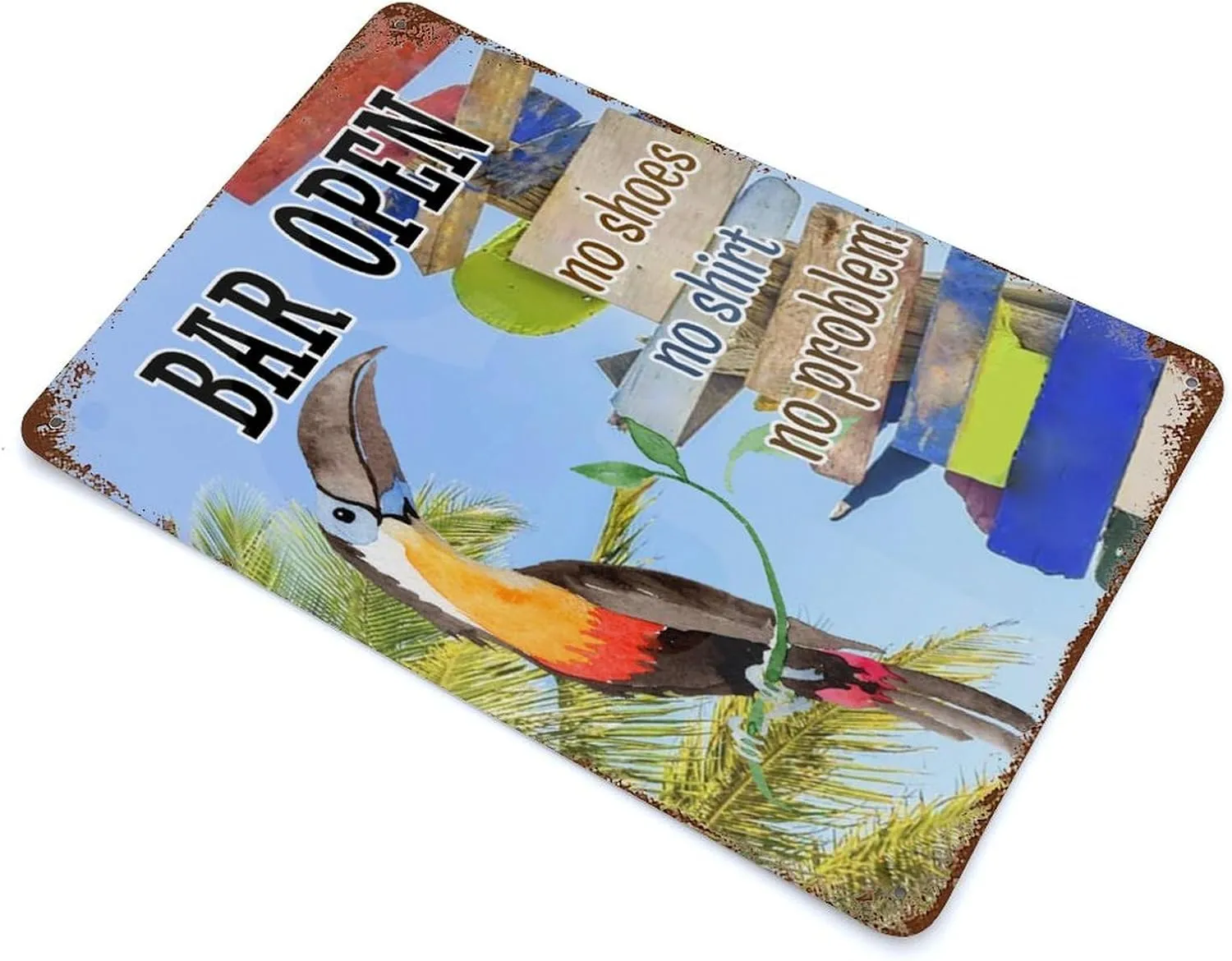 Bar Open No Shoes No Shirt No Problem Metal Signs Outdoor Happy Hours Pool Beach Rustic Wall Decor for Yard Outdoor Beer Bar Club Glass Parrot Metal Plaque for Lounge 8"x12"