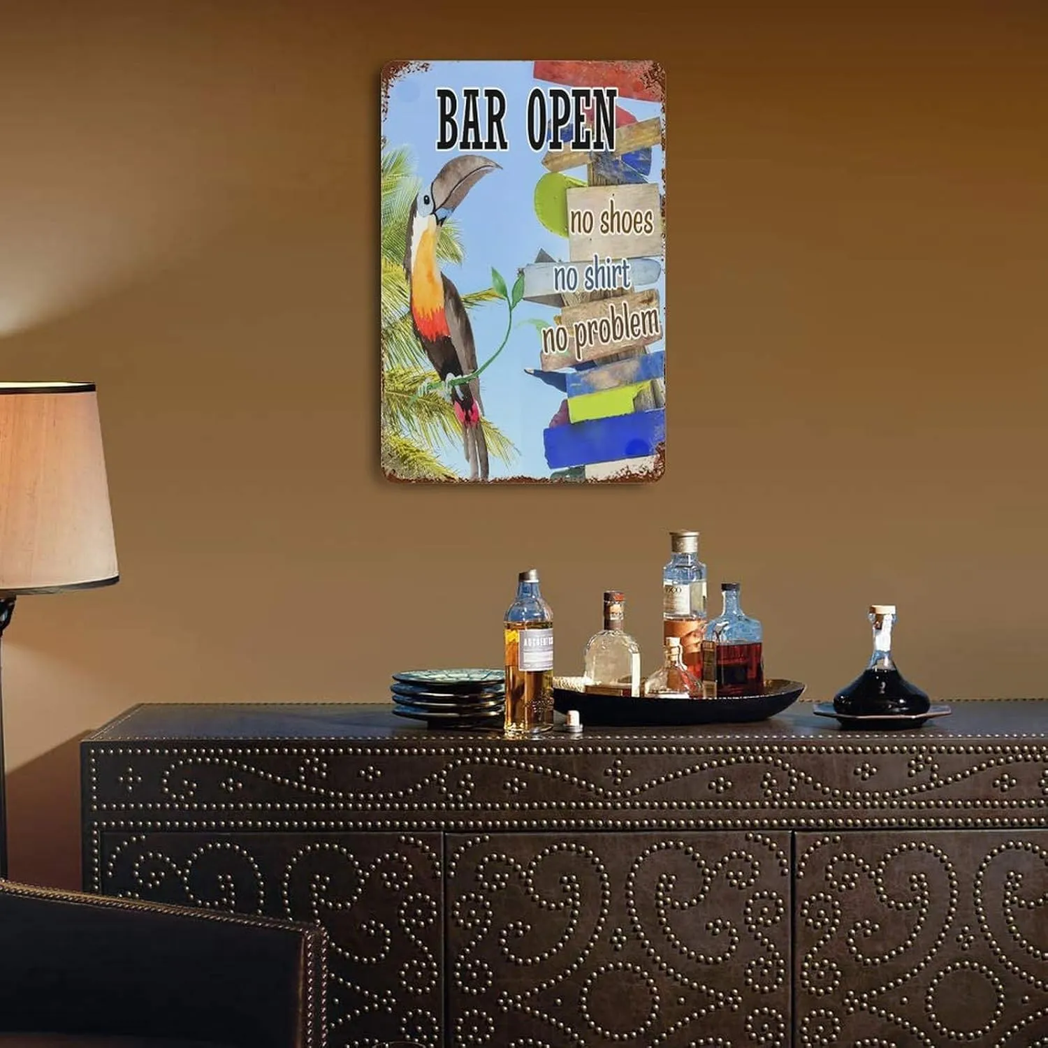 Bar Open No Shoes No Shirt No Problem Metal Signs Outdoor Happy Hours Pool Beach Rustic Wall Decor for Yard Outdoor Beer Bar Club Glass Parrot Metal Plaque for Lounge 8"x12"