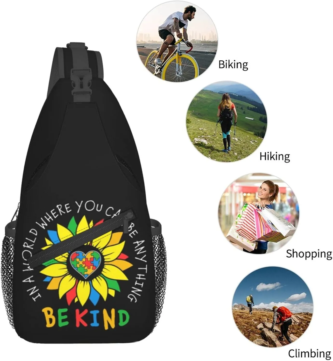 Be Anything Be Kind Autism Awareness Crossbody Bag Adjustable Sling Bag Casual Chest Bags Travel Shoulder Backpack