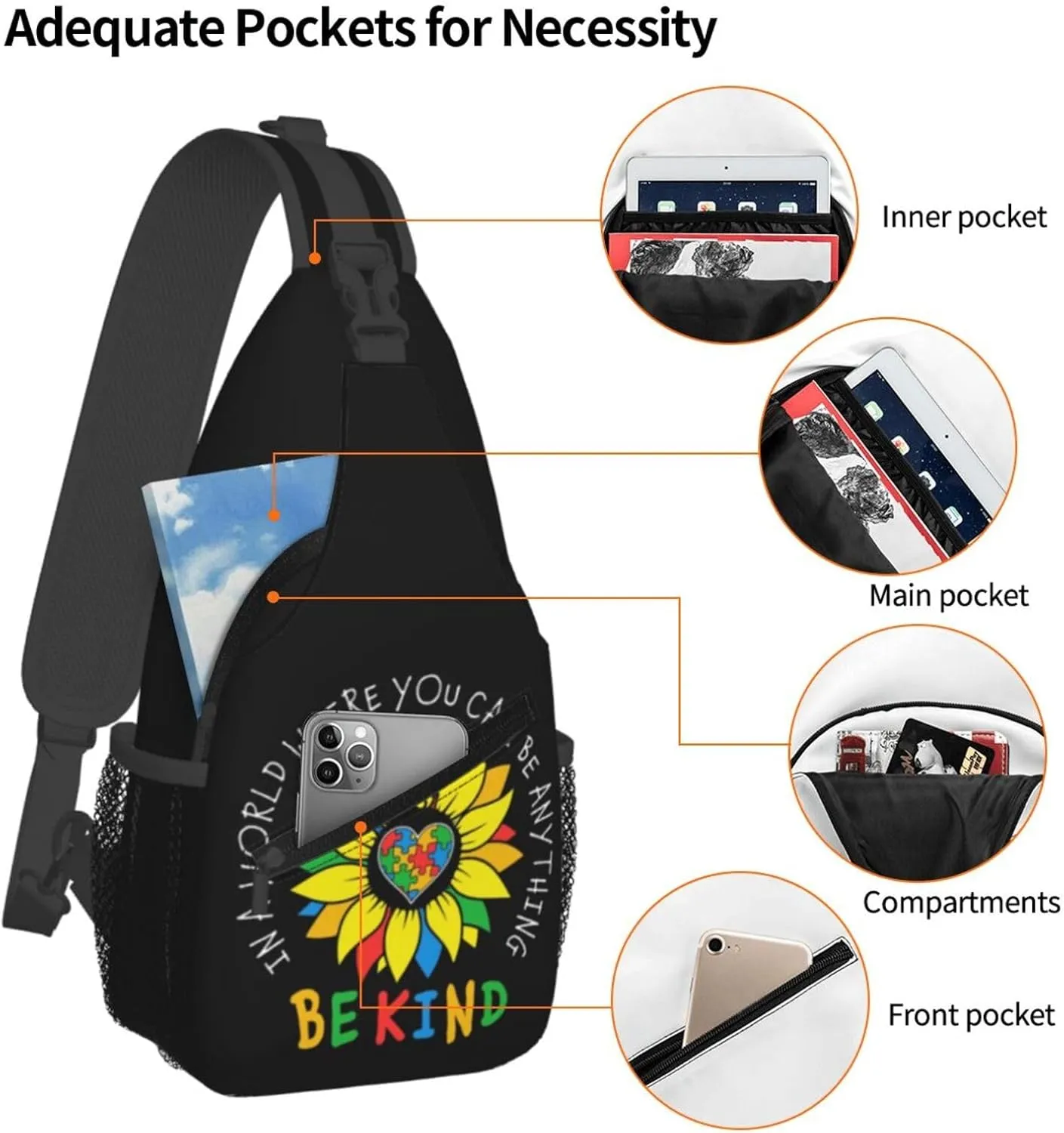 Be Anything Be Kind Autism Awareness Crossbody Bag Adjustable Sling Bag Casual Chest Bags Travel Shoulder Backpack