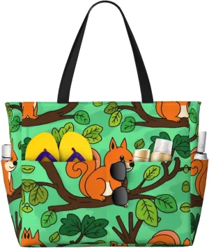 Beach Bag for Women, Waterproof Sandproof Beach Pool Travel Duffel Bags with 7 Pockets, Large Capacity Shoulder Tote Bag for Gym Travel Vacation Essential, Cute Animal Squirrel Tree