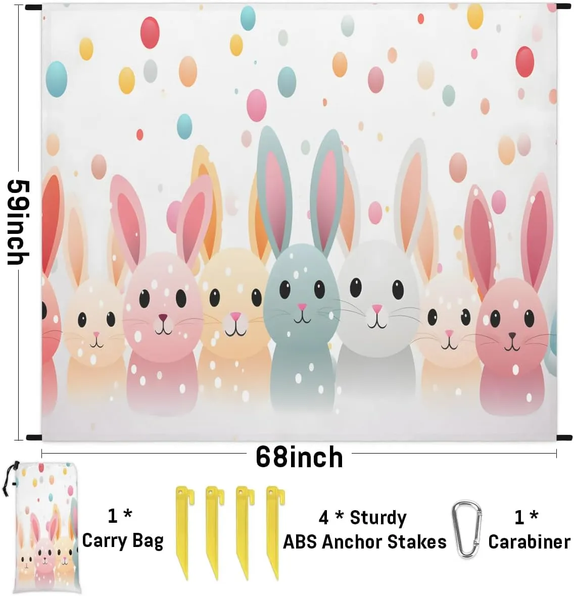 Beach Blanket, Bunny Easter Sandproof Beach Mat, Waterproof Quick Drying Sand Free Mat with 4 x Ground Spikes for Outdoor Travel Camping Hiking, Bunny Rabbit 68 x 59 in