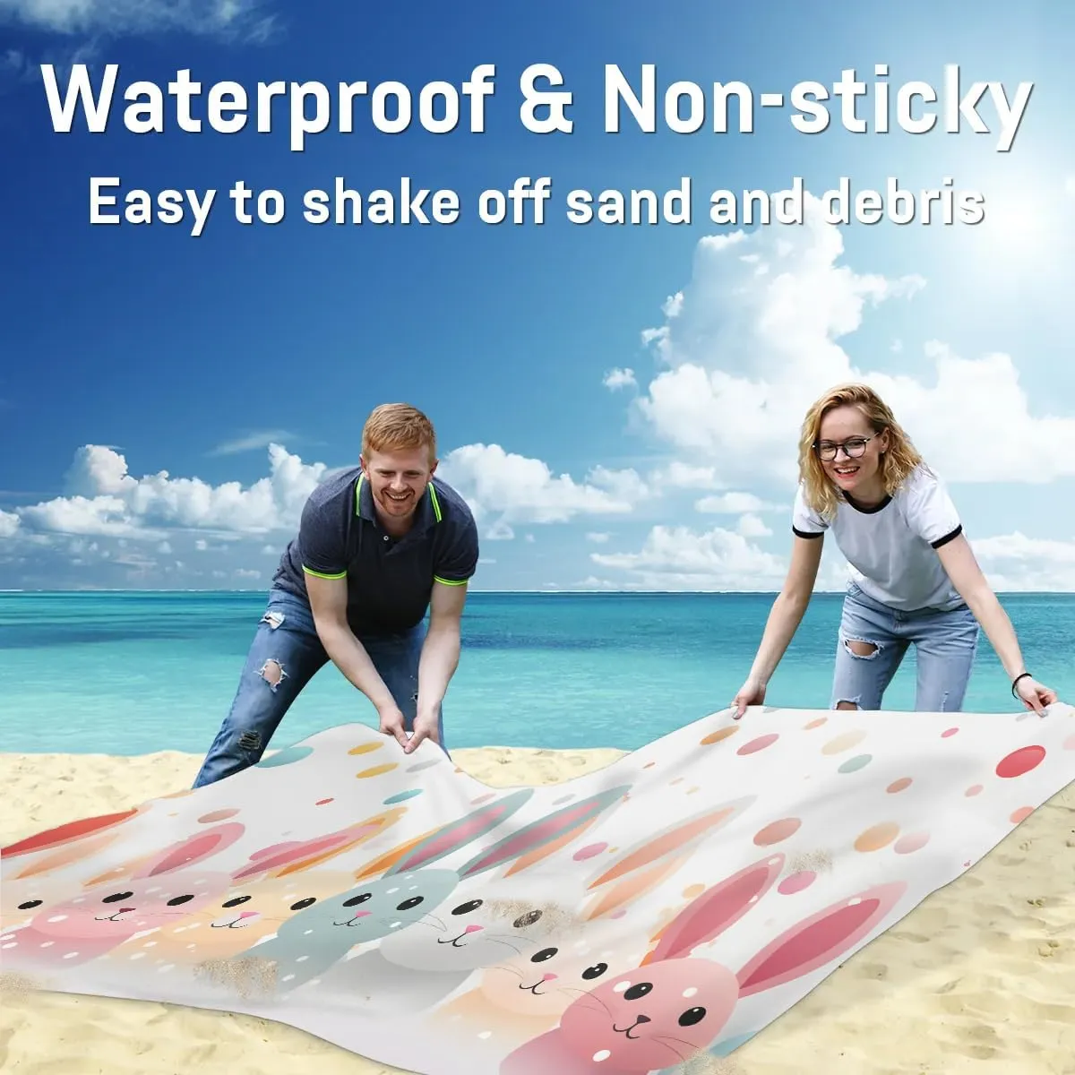 Beach Blanket, Bunny Easter Sandproof Beach Mat, Waterproof Quick Drying Sand Free Mat with 4 x Ground Spikes for Outdoor Travel Camping Hiking, Bunny Rabbit 68 x 59 in