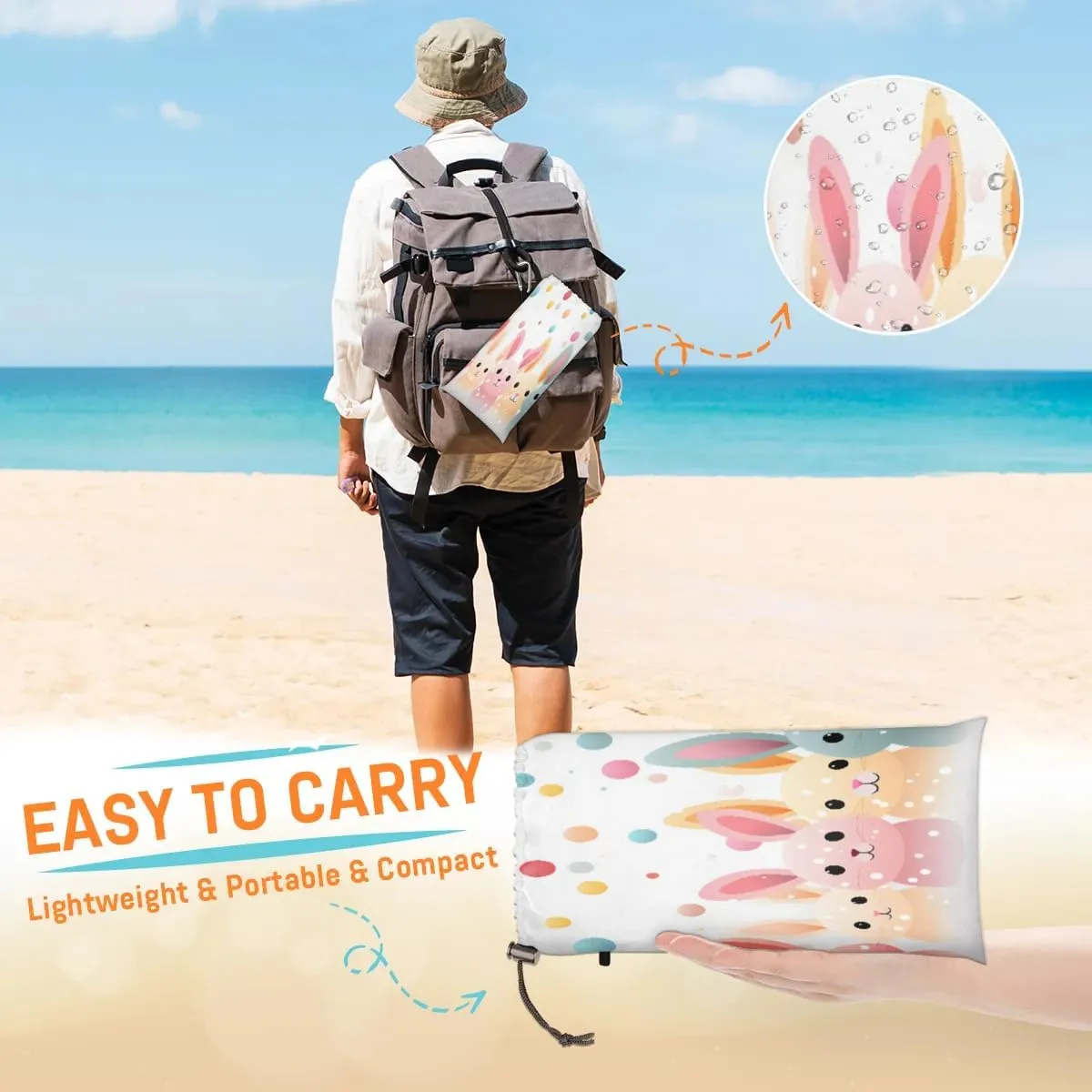 Beach Blanket, Bunny Easter Sandproof Beach Mat, Waterproof Quick Drying Sand Free Mat with 4 x Ground Spikes for Outdoor Travel Camping Hiking, Bunny Rabbit 68 x 59 in