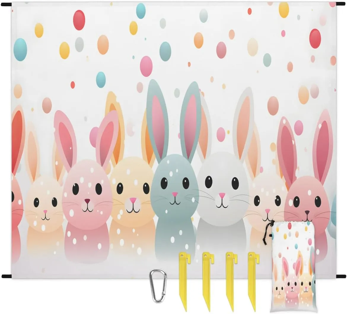Beach Blanket, Bunny Easter Sandproof Beach Mat, Waterproof Quick Drying Sand Free Mat with 4 x Ground Spikes for Outdoor Travel Camping Hiking, Bunny Rabbit 68 x 59 in