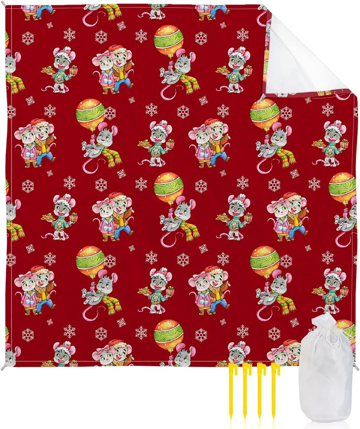 Beach Blanket, Christmas Cartoon Mouse Colorful Lanterns Snowflake Red Beach Mat 95"x80" Large Picnic Blanket,Sandproof Waterproof Outdoor Beach Blankets for Travel Camping Hiking Beach Vacation
