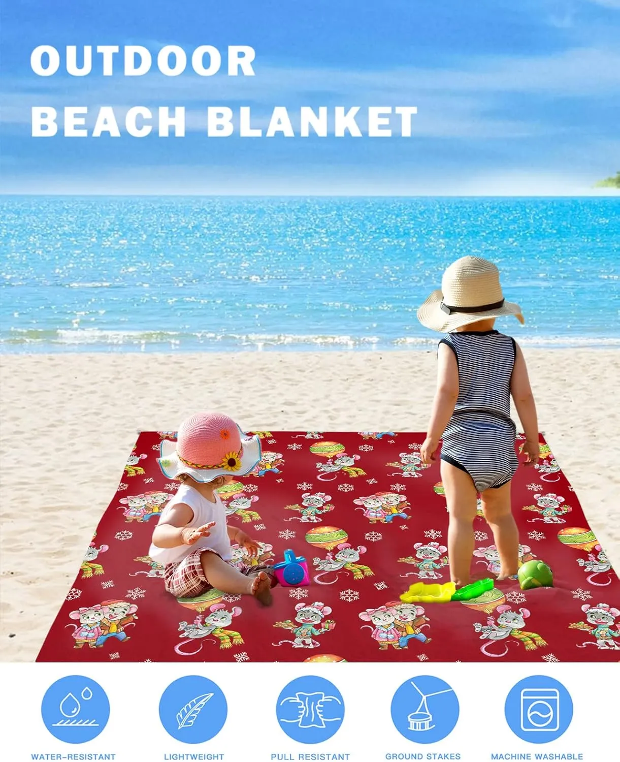 Beach Blanket, Christmas Cartoon Mouse Colorful Lanterns Snowflake Red Beach Mat 95"x80" Large Picnic Blanket,Sandproof Waterproof Outdoor Beach Blankets for Travel Camping Hiking Beach Vacation