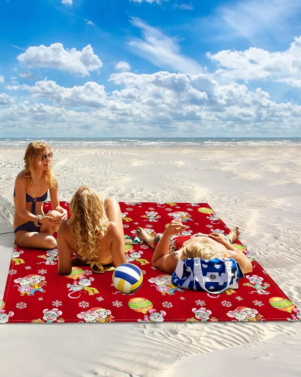 Beach Blanket, Christmas Cartoon Mouse Colorful Lanterns Snowflake Red Beach Mat 95"x80" Large Picnic Blanket,Sandproof Waterproof Outdoor Beach Blankets for Travel Camping Hiking Beach Vacation
