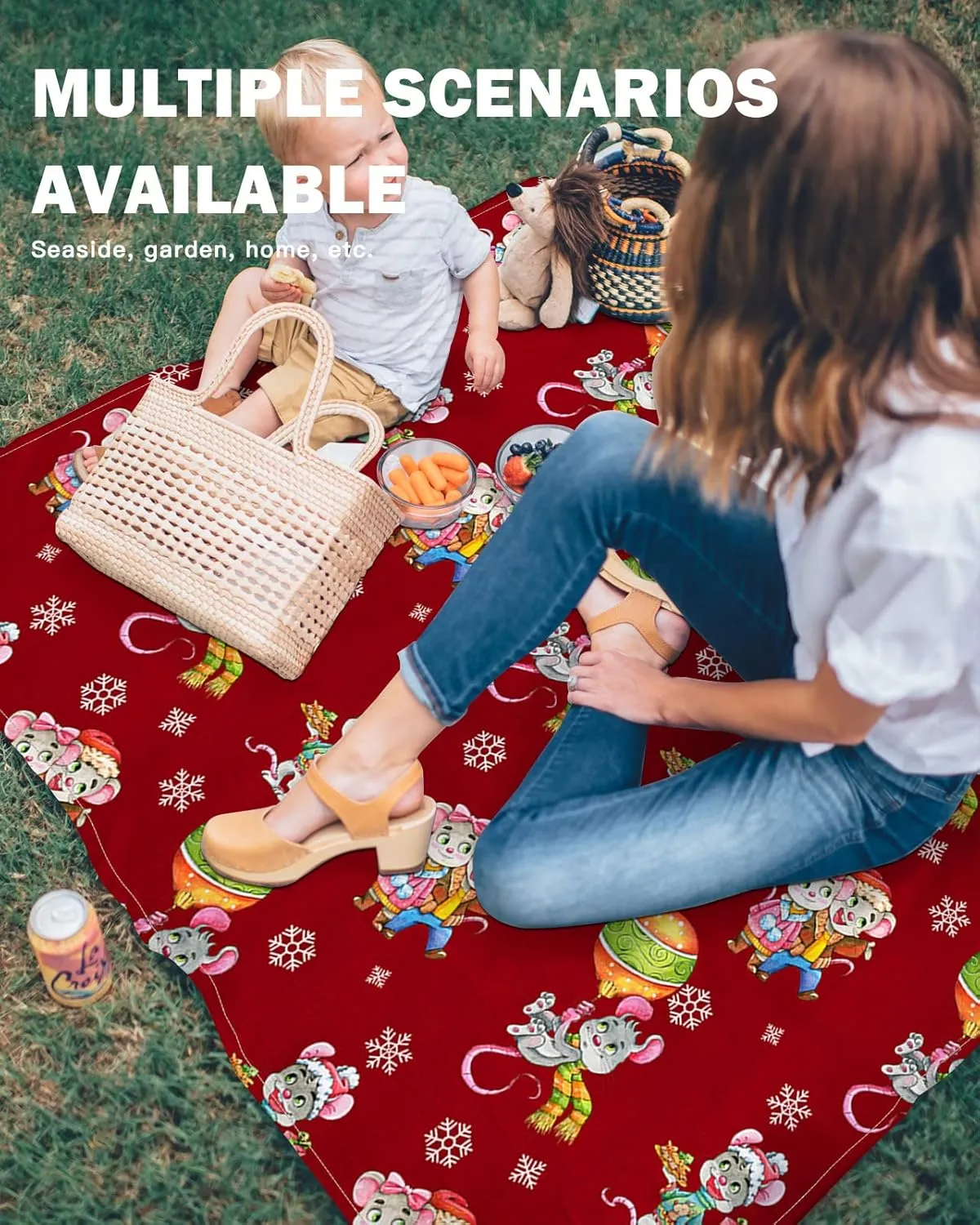 Beach Blanket, Christmas Cartoon Mouse Colorful Lanterns Snowflake Red Beach Mat 95"x80" Large Picnic Blanket,Sandproof Waterproof Outdoor Beach Blankets for Travel Camping Hiking Beach Vacation