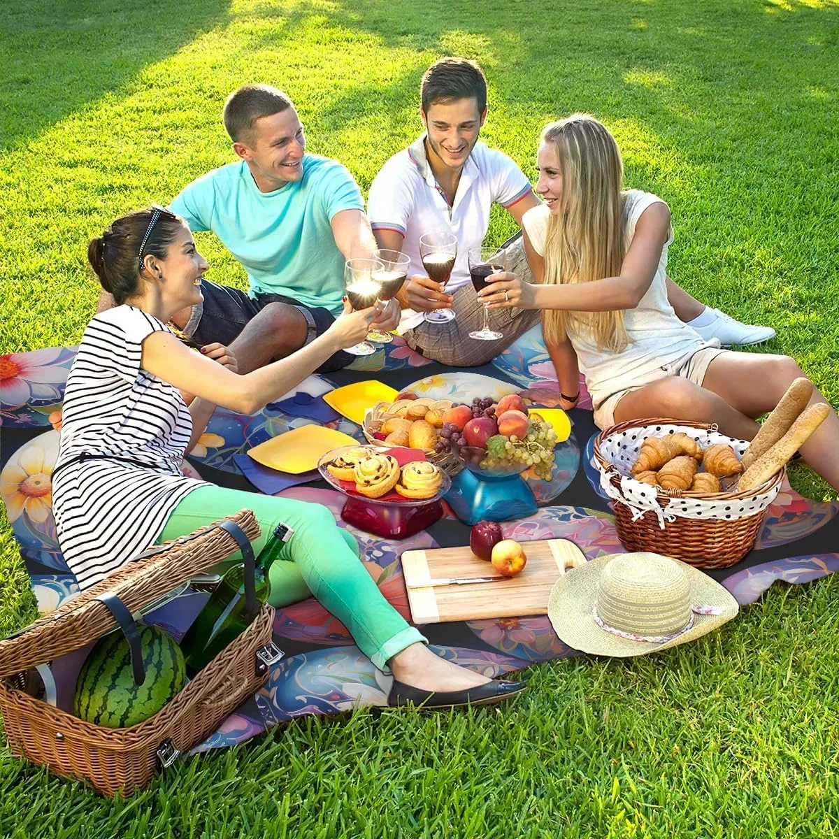 Beach Blanket, Easter Sandproof Beach Mat, Waterproof Quick Drying Sand Free Mat with 4 x Ground Spikes for Outdoor Travel Camping Hiking, Easter Eggs Floral Seasonal Spring 68 x 59 in