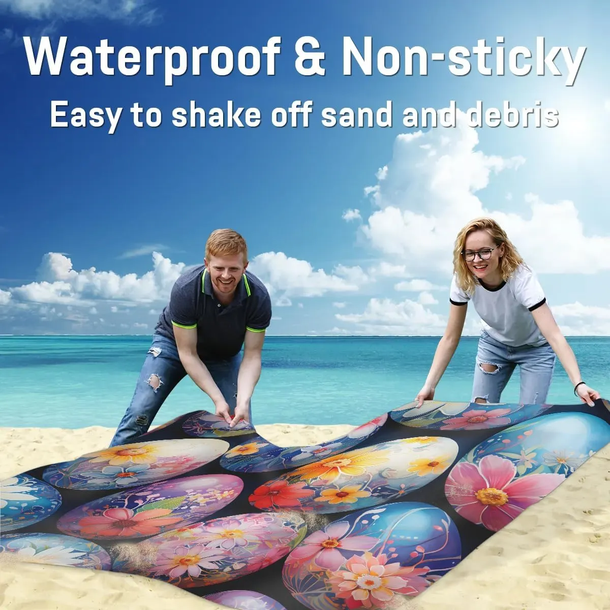 Beach Blanket, Easter Sandproof Beach Mat, Waterproof Quick Drying Sand Free Mat with 4 x Ground Spikes for Outdoor Travel Camping Hiking, Easter Eggs Floral Seasonal Spring 68 x 59 in
