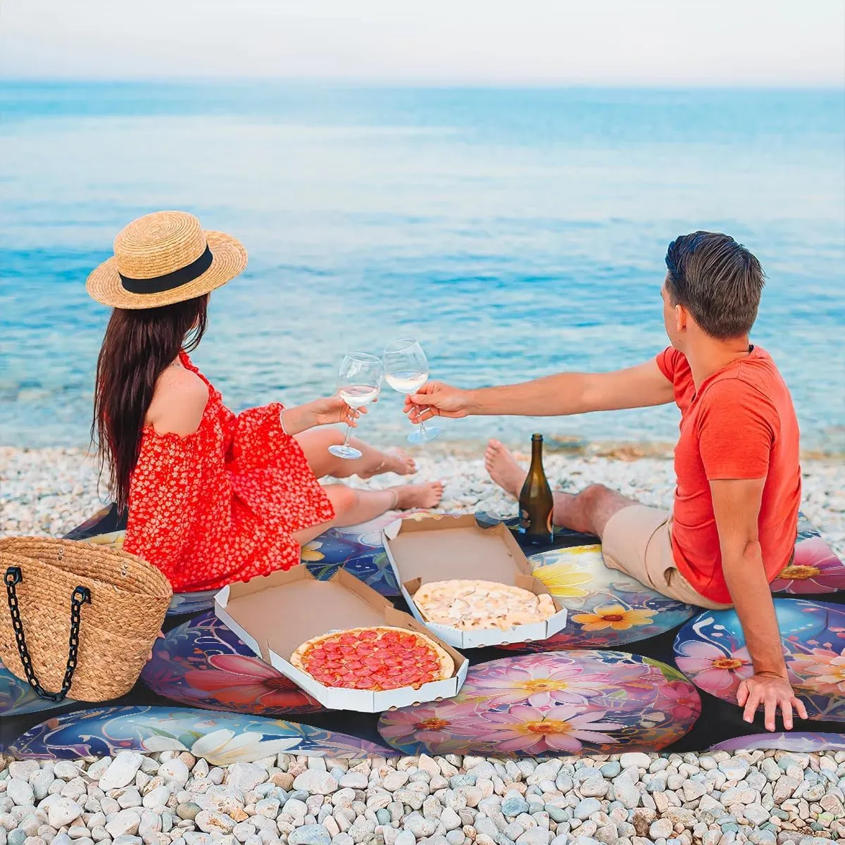 Beach Blanket, Easter Sandproof Beach Mat, Waterproof Quick Drying Sand Free Mat with 4 x Ground Spikes for Outdoor Travel Camping Hiking, Easter Eggs Floral Seasonal Spring 68 x 59 in