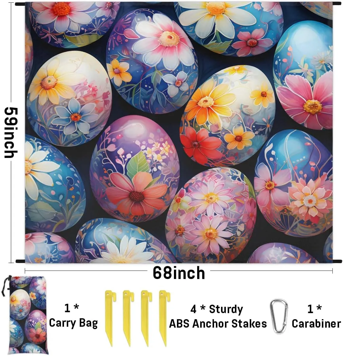 Beach Blanket, Easter Sandproof Beach Mat, Waterproof Quick Drying Sand Free Mat with 4 x Ground Spikes for Outdoor Travel Camping Hiking, Easter Eggs Floral Seasonal Spring 68 x 59 in