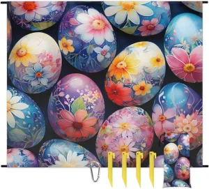 Beach Blanket, Easter Sandproof Beach Mat, Waterproof Quick Drying Sand Free Mat with 4 x Ground Spikes for Outdoor Travel Camping Hiking, Easter Eggs Floral Seasonal Spring 68 x 59 in
