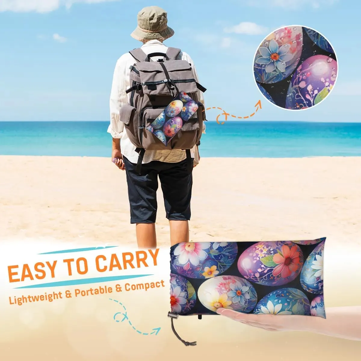 Beach Blanket, Easter Sandproof Beach Mat, Waterproof Quick Drying Sand Free Mat with 4 x Ground Spikes for Outdoor Travel Camping Hiking, Easter Eggs Floral Seasonal Spring 68 x 59 in