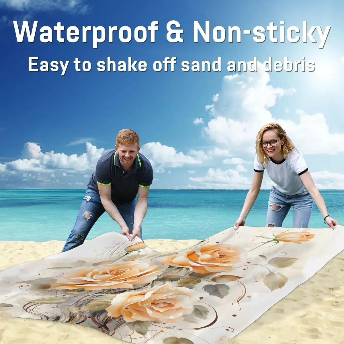 Beach Blanket, Floral Sandproof Beach Mat, Waterproof Quick Drying Sand Free Mat with 4 x Ground Spikes for Outdoor Travel Camping Hiking, Rose Flowers 68 x 59 in
