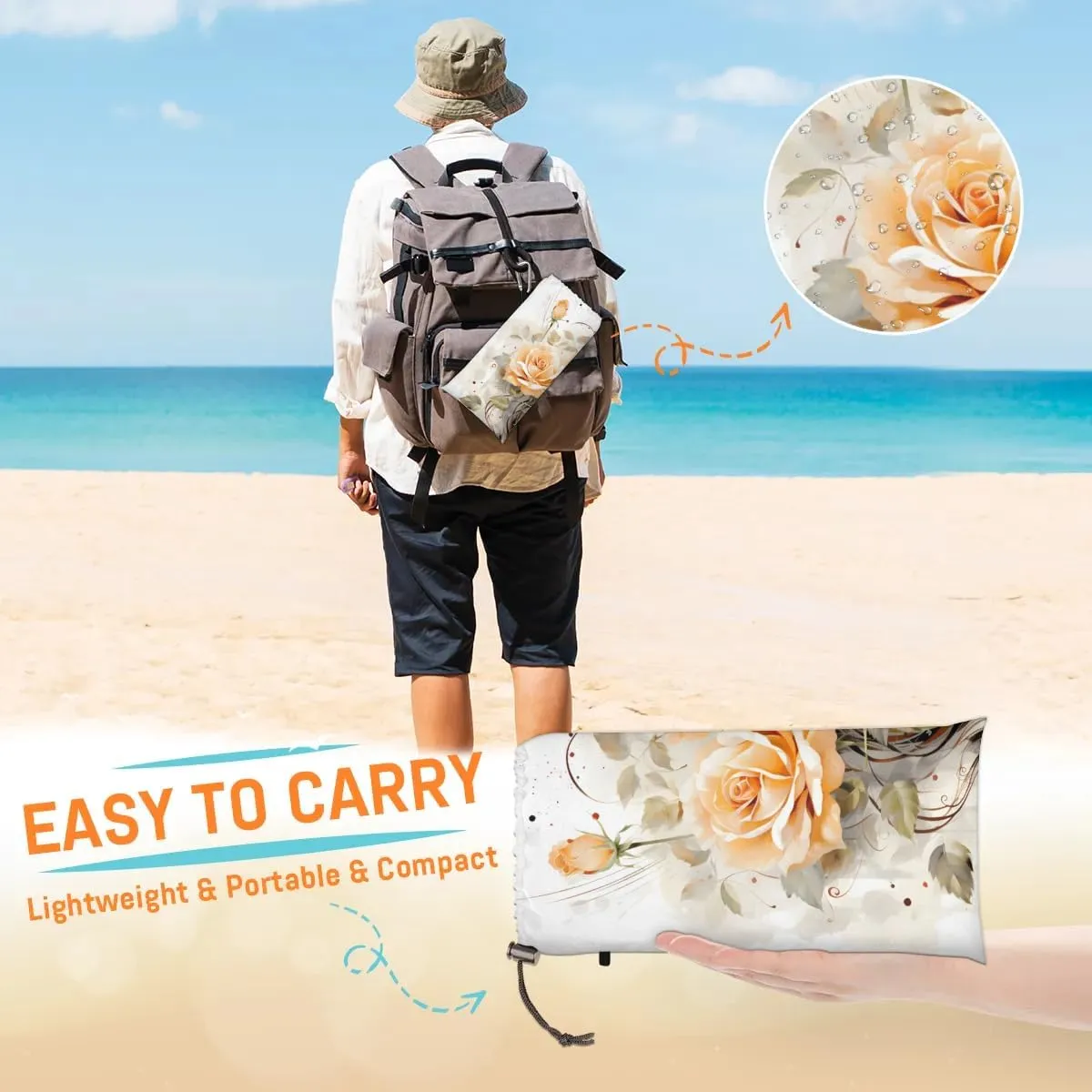 Beach Blanket, Floral Sandproof Beach Mat, Waterproof Quick Drying Sand Free Mat with 4 x Ground Spikes for Outdoor Travel Camping Hiking, Rose Flowers 68 x 59 in