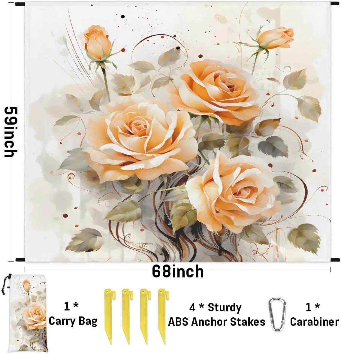 Beach Blanket, Floral Sandproof Beach Mat, Waterproof Quick Drying Sand Free Mat with 4 x Ground Spikes for Outdoor Travel Camping Hiking, Rose Flowers 68 x 59 in