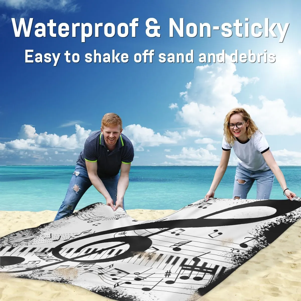 Beach Blanket, Music Notes Sandproof Beach Mat, Waterproof Quick Drying Sand Free Mat with 4 x Ground Spikes for Outdoor Travel Camping Hiking, Piano Keyboard 68 x 59 in