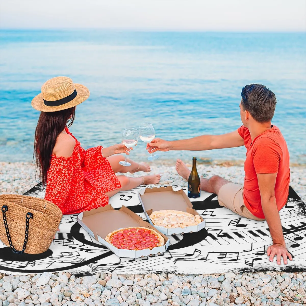 Beach Blanket, Music Notes Sandproof Beach Mat, Waterproof Quick Drying Sand Free Mat with 4 x Ground Spikes for Outdoor Travel Camping Hiking, Piano Keyboard 68 x 59 in
