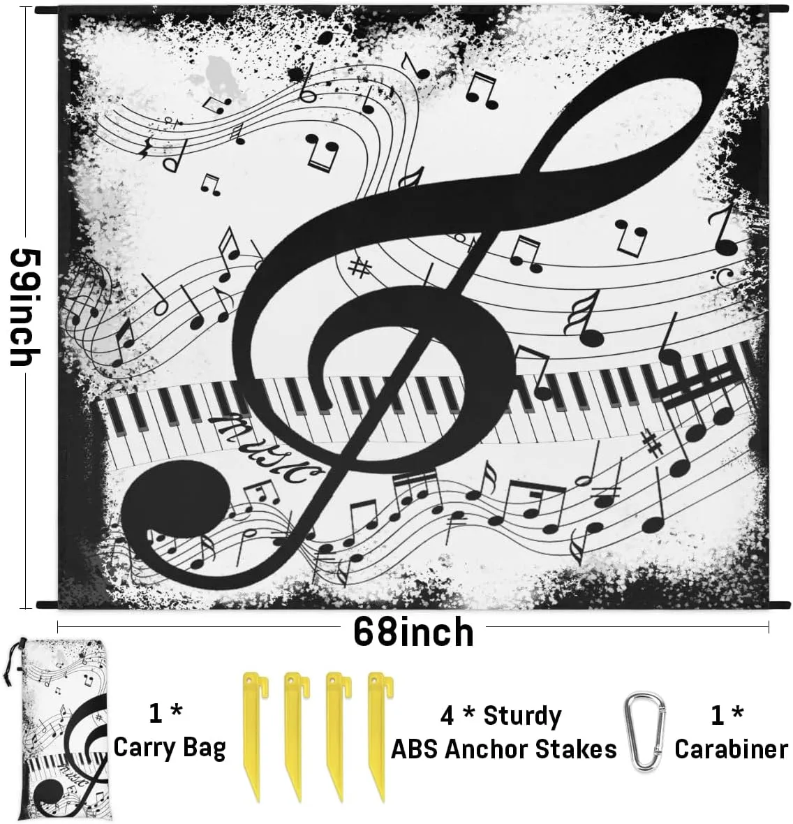 Beach Blanket, Music Notes Sandproof Beach Mat, Waterproof Quick Drying Sand Free Mat with 4 x Ground Spikes for Outdoor Travel Camping Hiking, Piano Keyboard 68 x 59 in