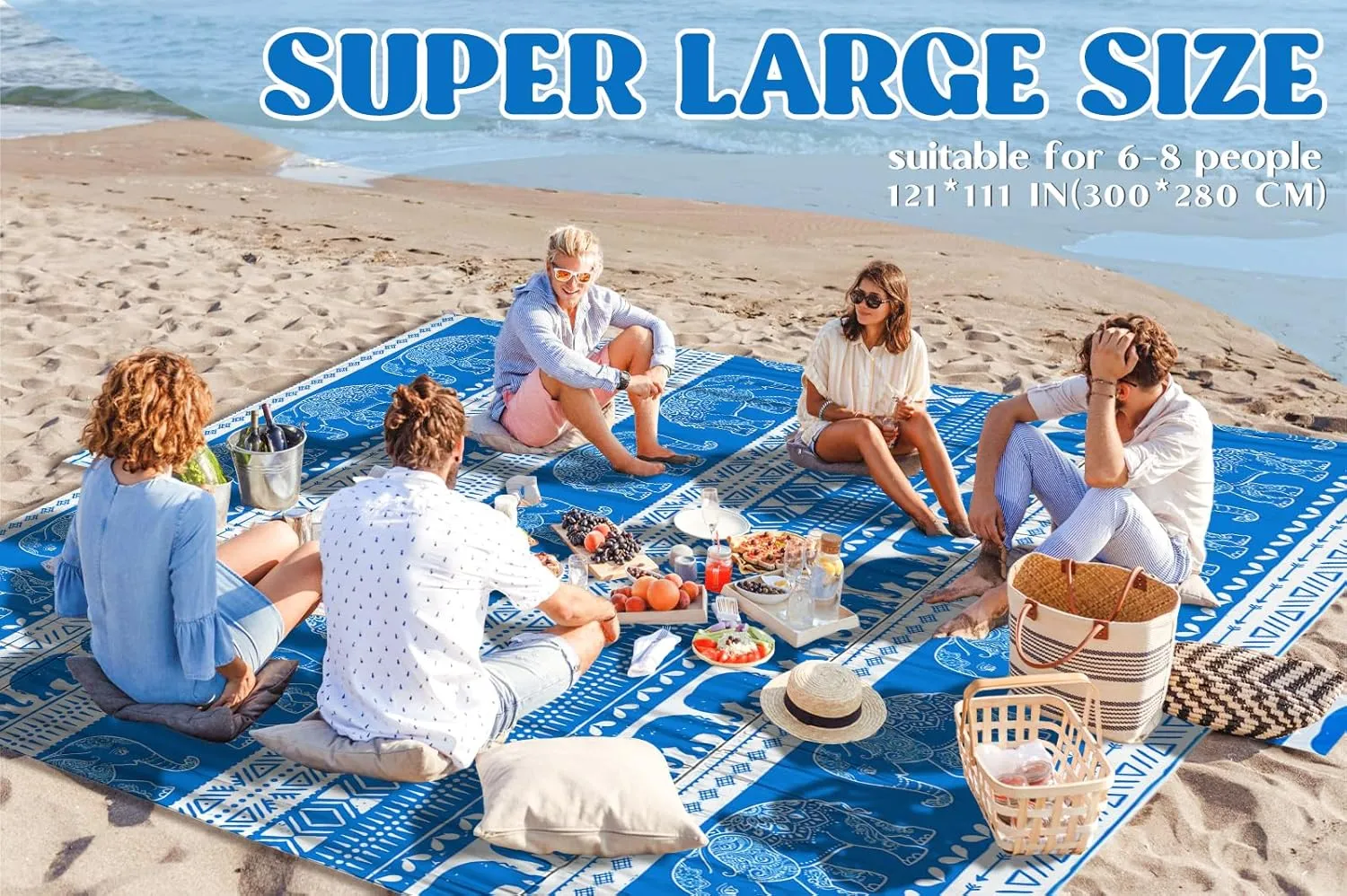 Beach Blanket Sandproof 111''*121'' Extra Large Waterproof Windproof Durable Beach Mat Sand Free Mat