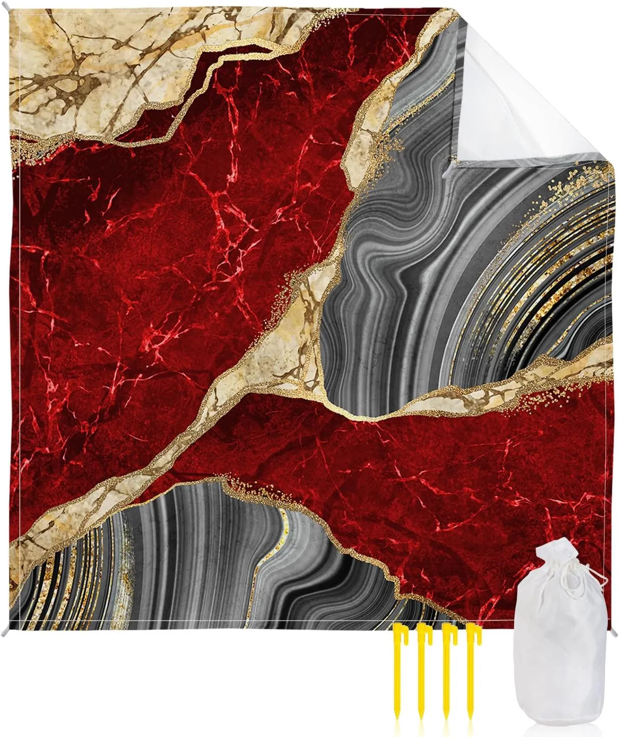 Beach Blanket Sandproof, Abstract Red Grey Gold Marble Waterproof Beach Mat Lightweight Quick Drying Picnic Blanket Beach Essentials for Travel Camping Hiking 83x79in