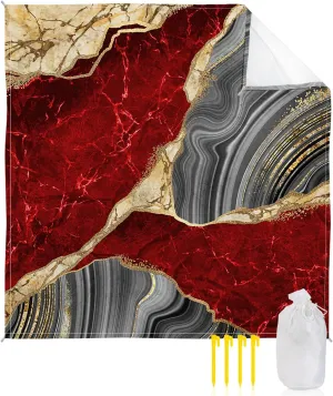 Beach Blanket Sandproof, Abstract Red Grey Gold Marble Waterproof Beach Mat Lightweight Quick Drying Picnic Blanket Beach Essentials for Travel Camping Hiking 83x79in
