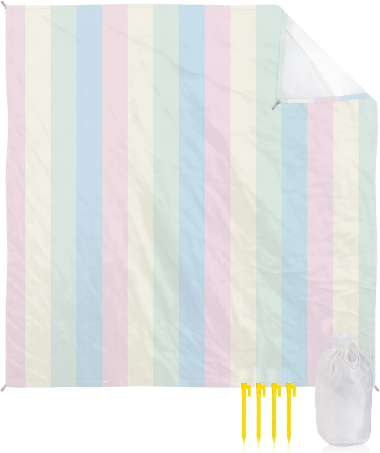 Beach Blanket Sandproof, Blue Green Yellow Pink Stripe Waterproof Beach Mat Lightweight Quick Drying Picnic Blanket Beach Essentials for Travel Camping Hiking 83x79in