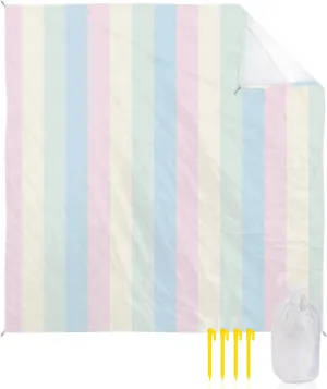 Beach Blanket Sandproof, Blue Green Yellow Pink Stripe Waterproof Beach Mat Lightweight Quick Drying Picnic Blanket Beach Essentials for Travel Camping Hiking 83x79in