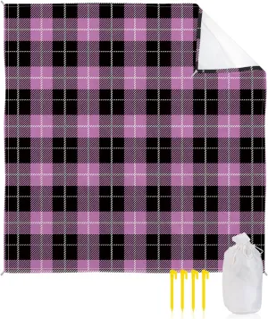 Beach Blanket Sandproof, Pink Black Buffalo Lattice Waterproof Beach Mat Lightweight Quick Drying Picnic Blanket Beach Essentials for Travel Camping Hiking 118x108in