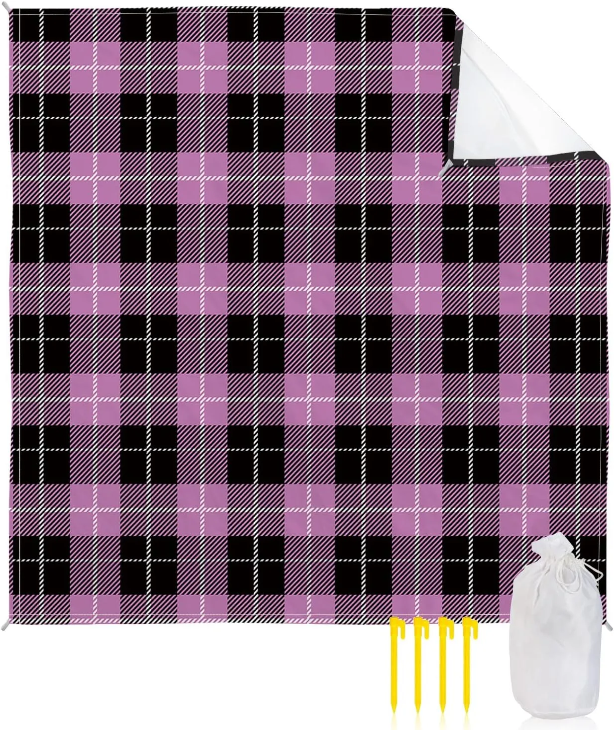 Beach Blanket Sandproof, Pink Black Buffalo Lattice Waterproof Beach Mat Lightweight Quick Drying Picnic Blanket Beach Essentials for Travel Camping Hiking 118x108in