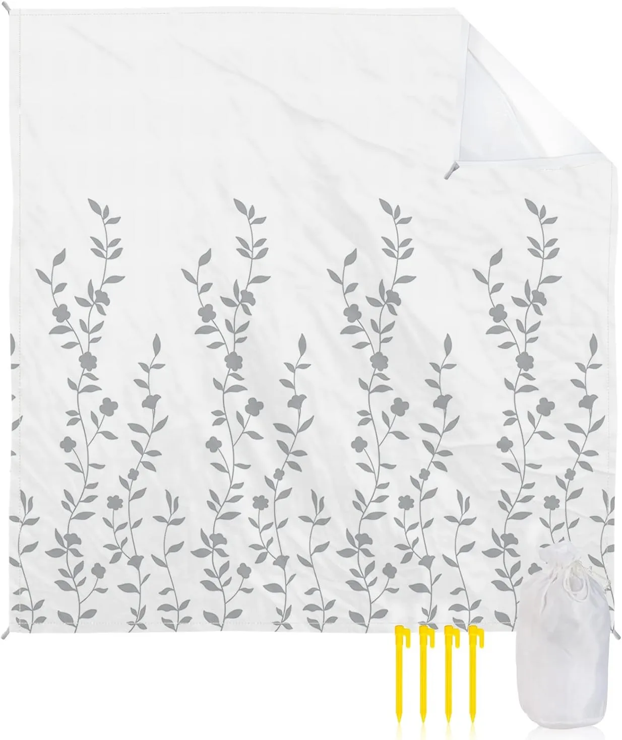 Beach Blanket Sandproof, Summer Plant Grey Flower Waterproof Beach Mat Lightweight Quick Drying Picnic Blanket Beach Essentials for Travel Camping Hiking 118x108in