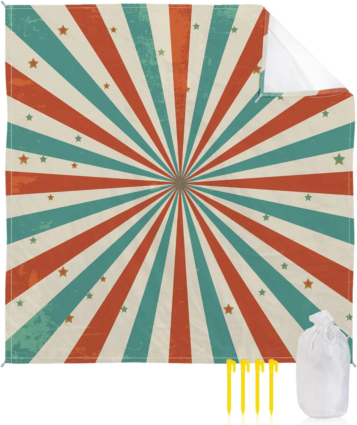 Beach Blanket Sandproof, Vintage Red Green Radiation with Stars Pattern Waterproof Beach Mat Lightweight Quick Drying Picnic Blanket Beach Essentials for Travel Camping Hiking 95x80in